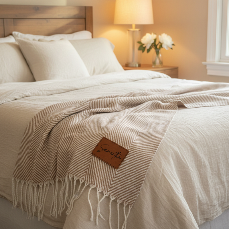 Beige and cream striped throw blanket draped across a bed with white pillows, featuring a brown leather patch embroidered with sample name "Samantha