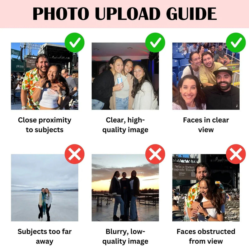 Photo upload guide showing six examples of acceptable and unacceptable images for personalization, with green checkmarks for clear close-up photos and red X marks for distant or blurry images