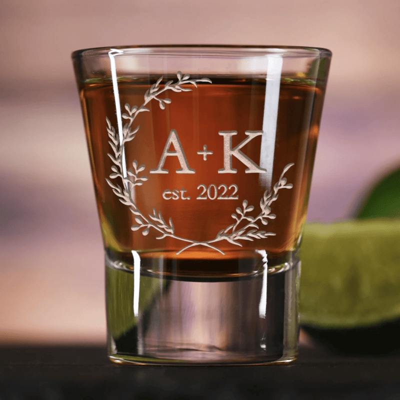 Better Halves personalized couples shot glass with sand-carved Me and You design