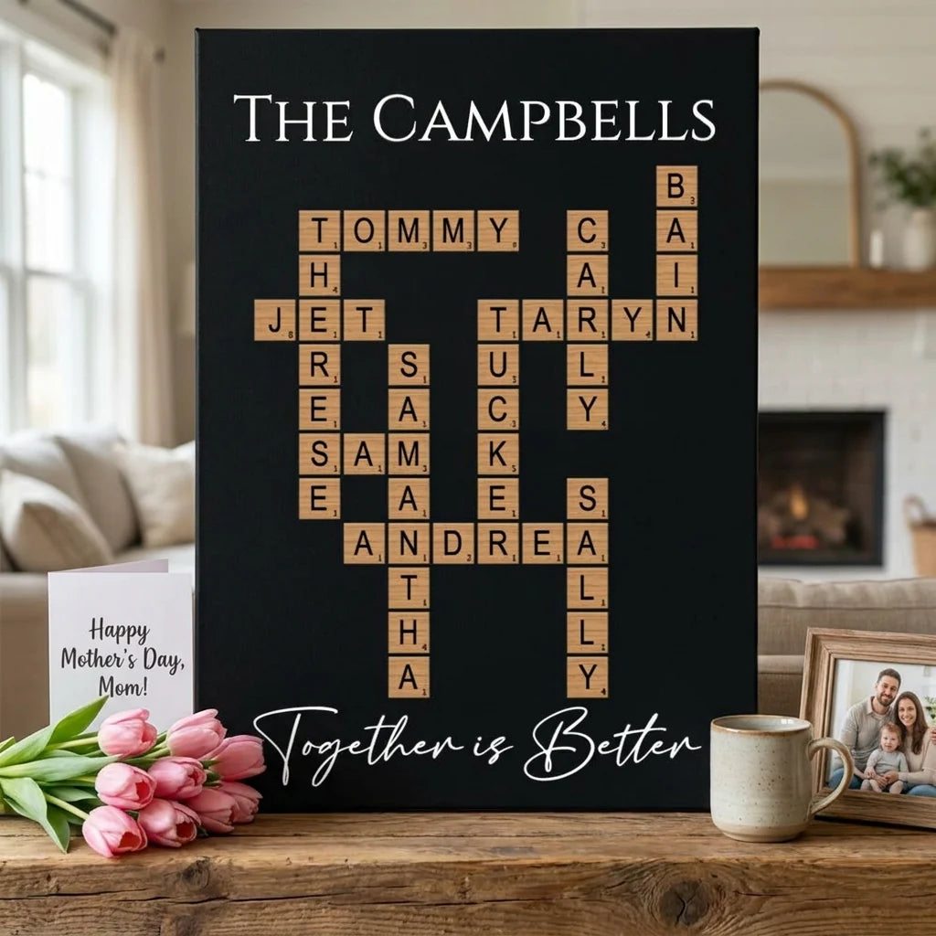 Family Crossword Personalized Wall Art, custom crossword puzzle sign with family names on 12x18 black leatherette, ready to hang