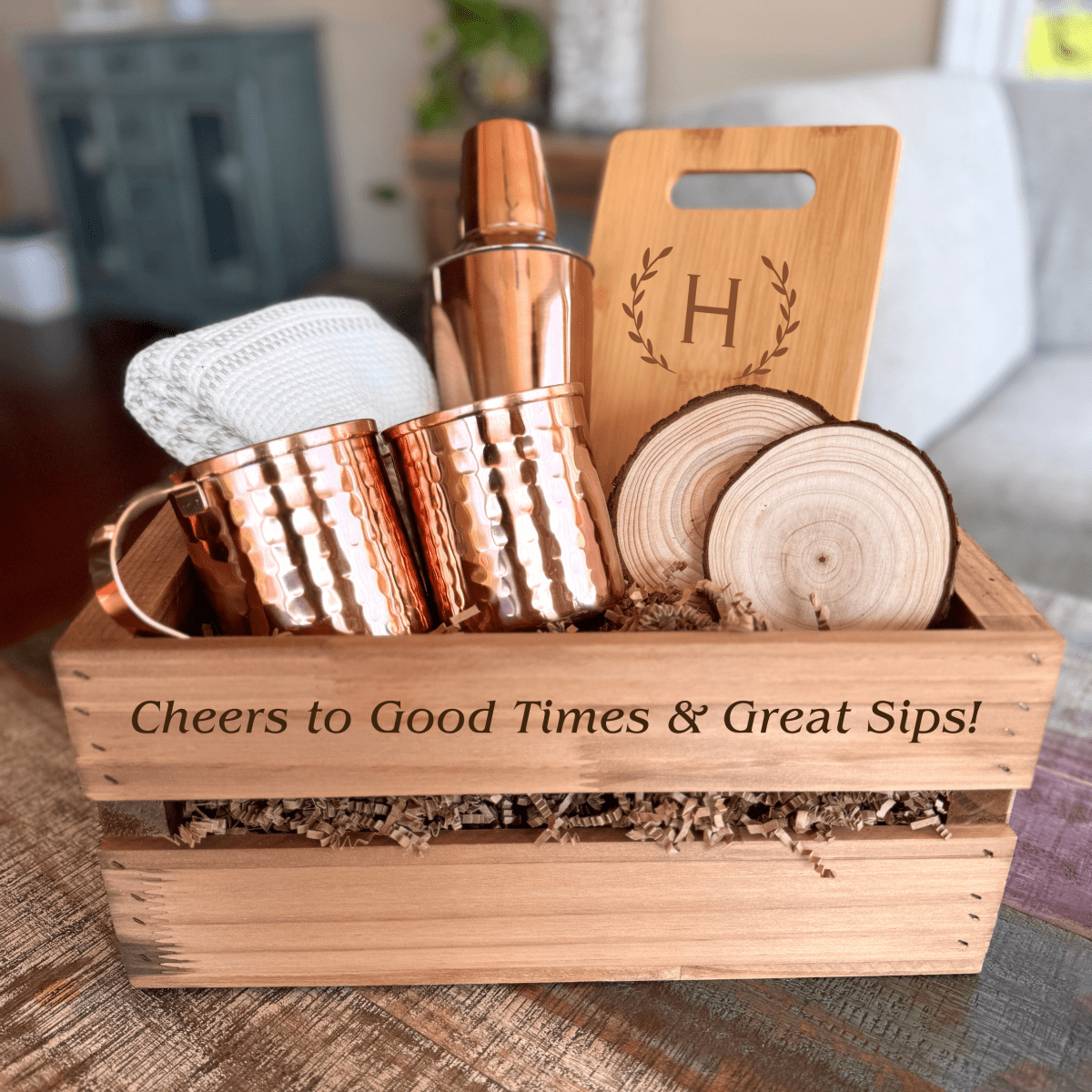Personalized Cedar Crate Gift Set with copper Moscow mule mugs and engraved cutting board