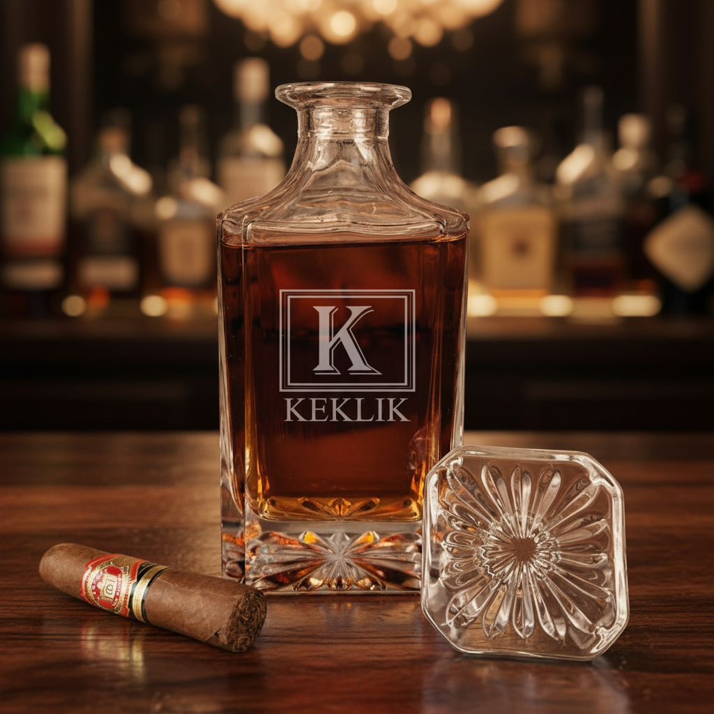 Clear glass decanter engraved with sample monogram "K" and name "KEKLIK", filled with amber liquid, displayed with matching square coaster and cigar on wooden surface