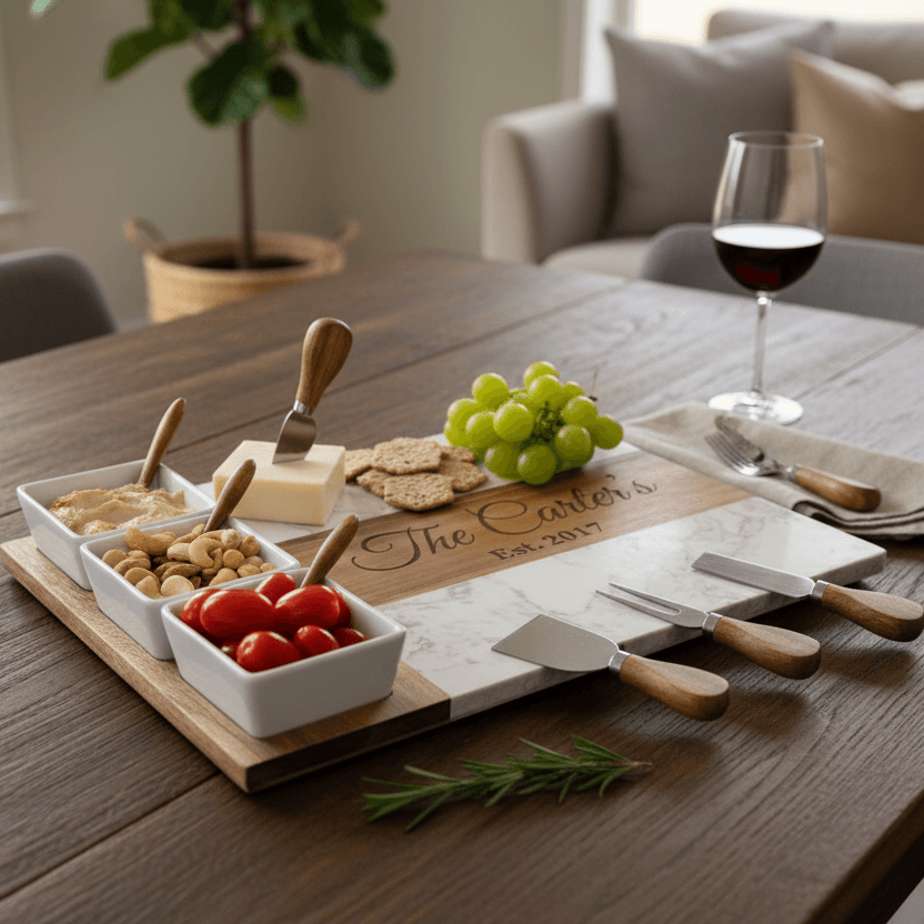 Personalized wooden charcuterie board with marble accents, sample text reading "The Parkers" and date, featuring white ceramic bowls with nuts and tomatoes, cheese knives, green grapes, and crackers on a dining table.