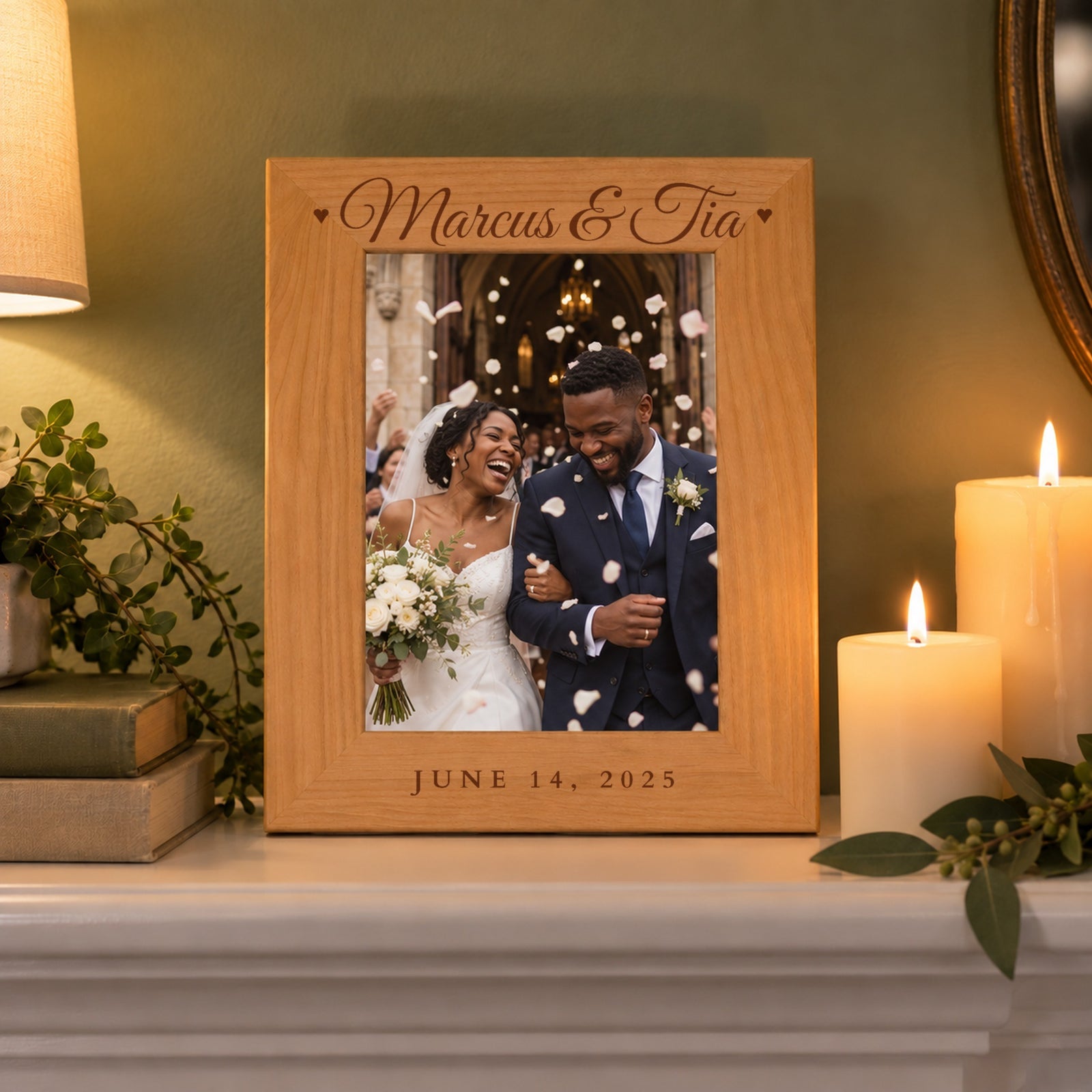 Personalized couples picture frame engraved Marcus & Tia and June 14, 2025 with a wedding photo, on a fireplace mantel between candles and books
