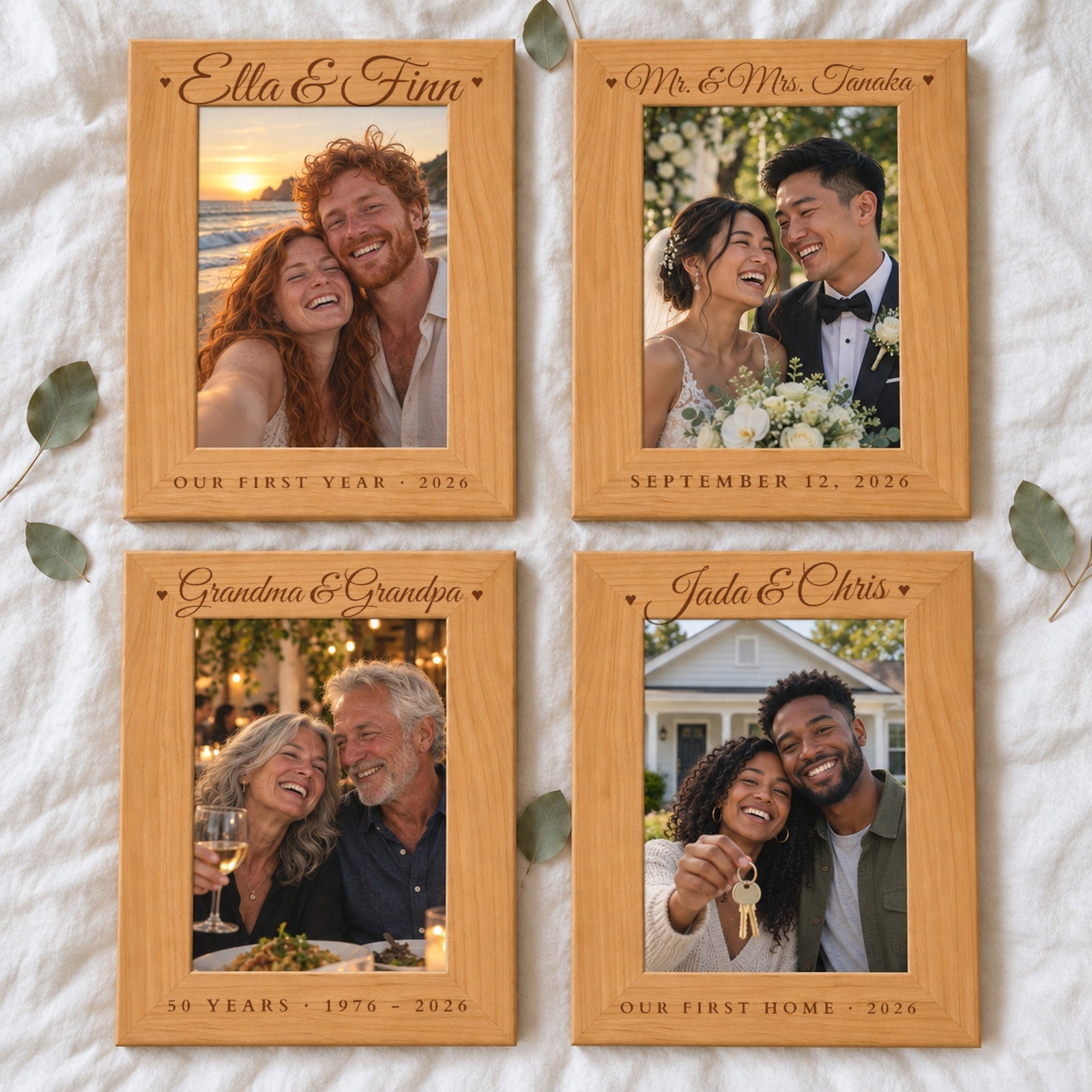 Four personalized wood picture frames with different engravings: Our First Year, Mr. & Mrs. Tanaka with a date, Grandma & Grandpa 50 Years, Our First Home