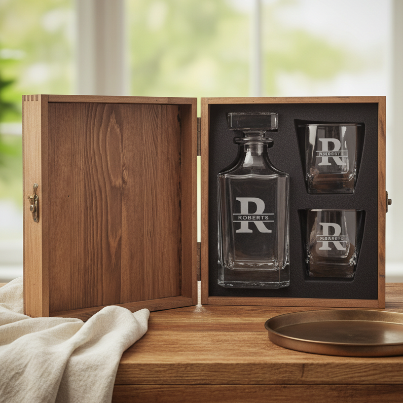 personalized whiskey decanter set with engraved monogram in wooden gift box willow and hive