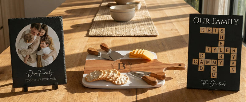 Three personalized housewarming gifts on a sunlit dining. A family photo slate plaque, a monogrammed marble charcuterie board, and a Scrabble Family Name sign handcrafted by Willow & Hive