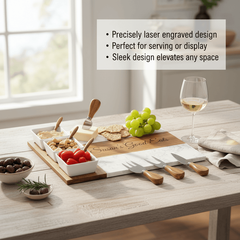 Wooden charcuterie board with laser-engraved sample text "Susan's Good Eats", featuring white ceramic bowls, cheese, crackers, grapes, spreaders, and a wine glass on a dining table.