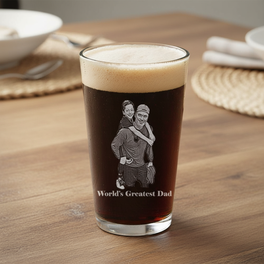 Pint glass filled with dark beer and cream-colored foam head, engraved with sample photo of man giving piggyback ride to child and text "World's Greatest Dad," displayed on wooden table with place settings.