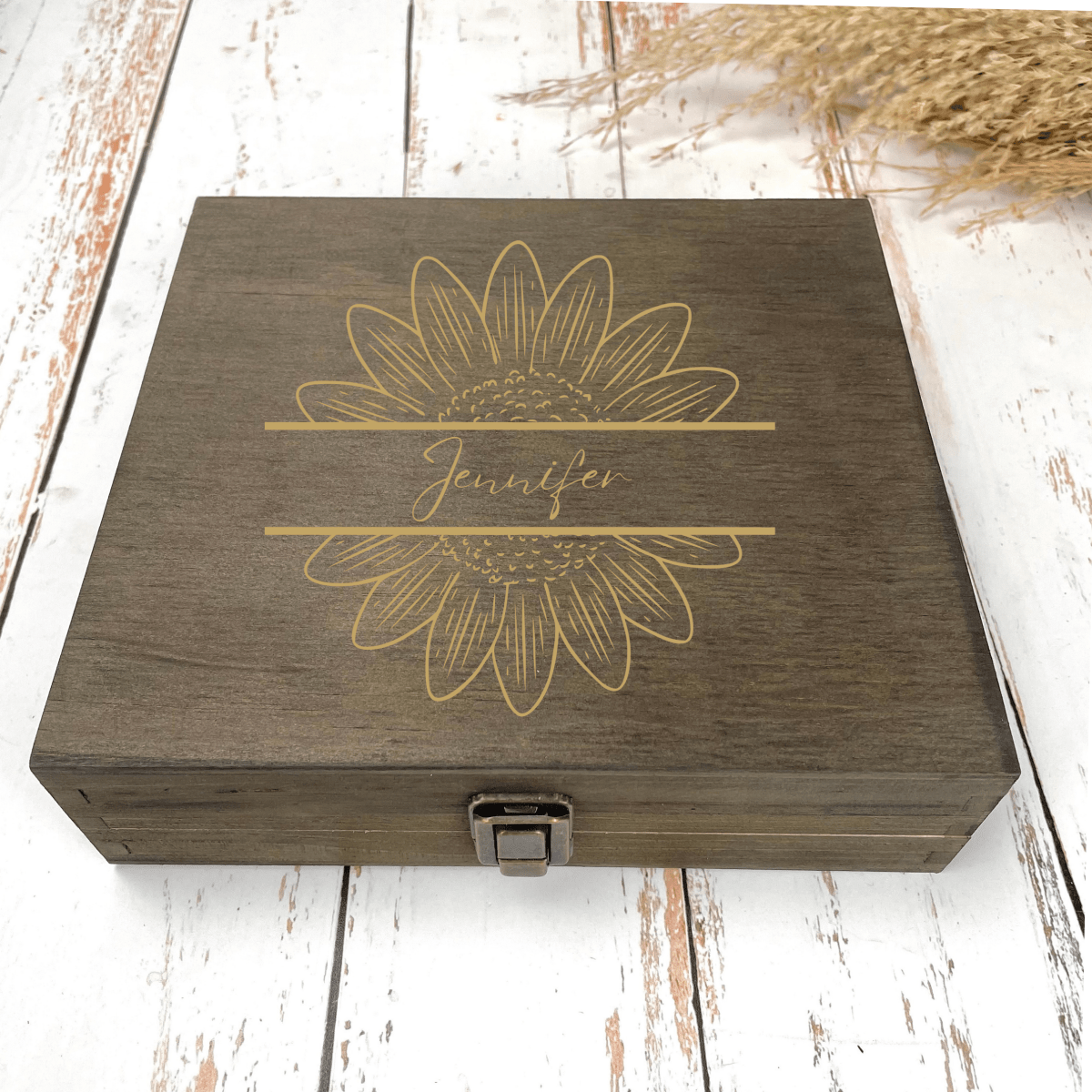 Personalized wildflower engraved wooden keepsake box open to reveal custom message inside lid, with jewelry stored inside on black felt lining