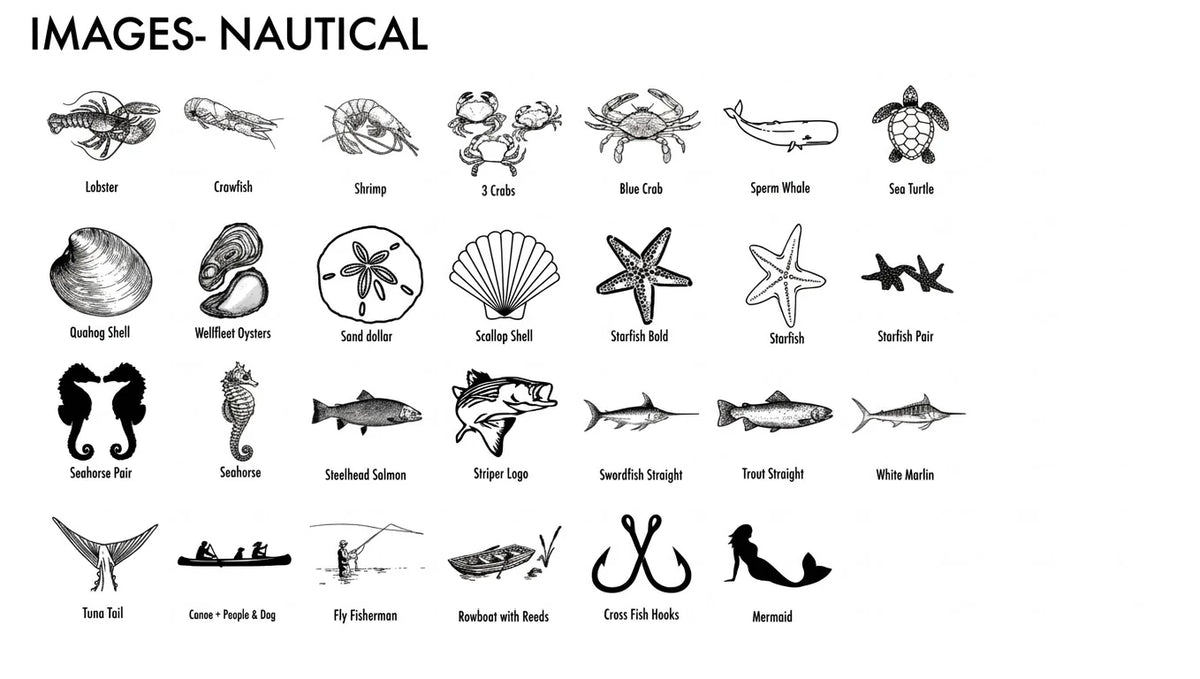 Nautical design chart for the whale handled cutting board showing lobster, crabs, whale, sea turtle, shells, starfish, seahorses, salmon, striper, marlin and a mermaid