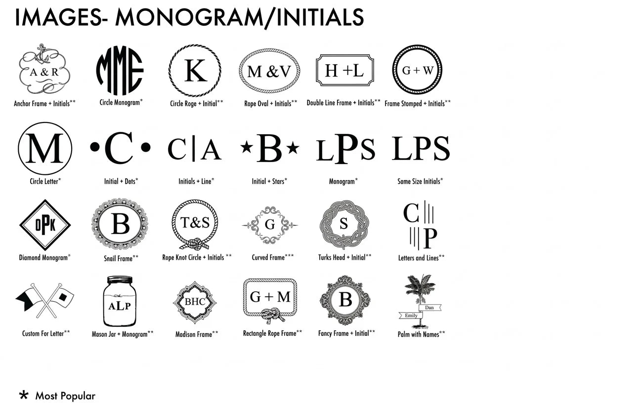 Monogram and initials design chart for the whale handled cutting board, with 24 styles including anchor frame, circle monogram, rope oval, diamond monogram and palm with names