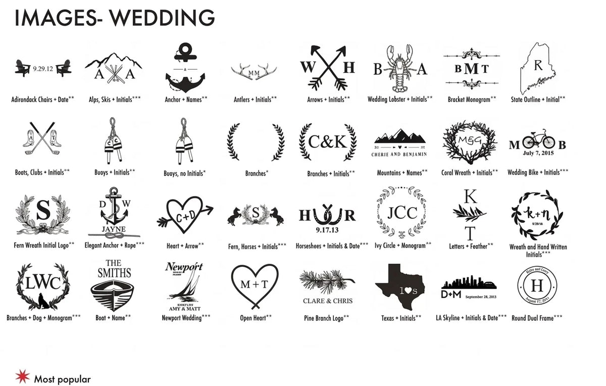 Wedding design chart for the whale handled cutting board with 32 styles, including arrows and initials, wedding lobster, mountains and names, heart and arrow, and LA skyline