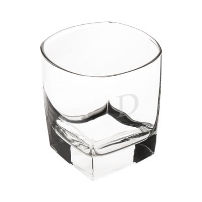 Clear whiskey glass with square base and faint initial engraving visible on the front
