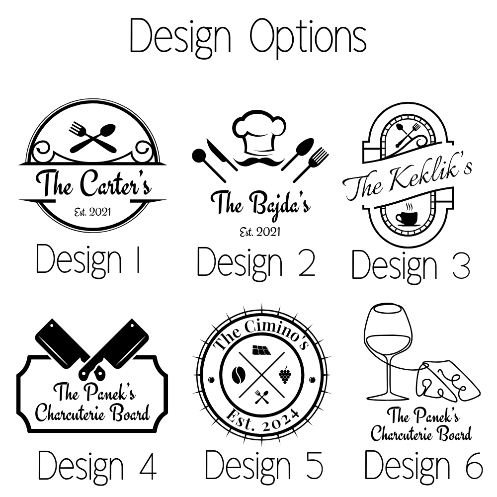 Six customizable design options for family charcuterie boards, including chef hat, crossed utensils, gauge dial, cutting board, circular emblem, and wine glass motifs with sample family names and establishment years