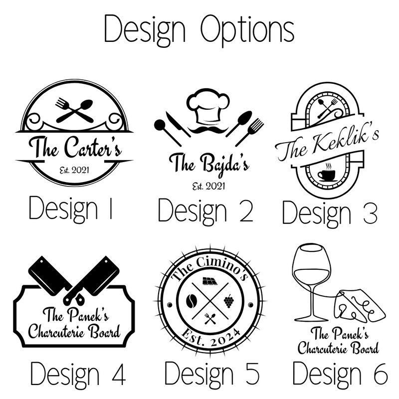 Six customizable design options for family charcuterie boards, including chef hat, crossed utensils, gauge dial, cutting board, circular emblem, and wine glass motifs with sample family names and establishment years