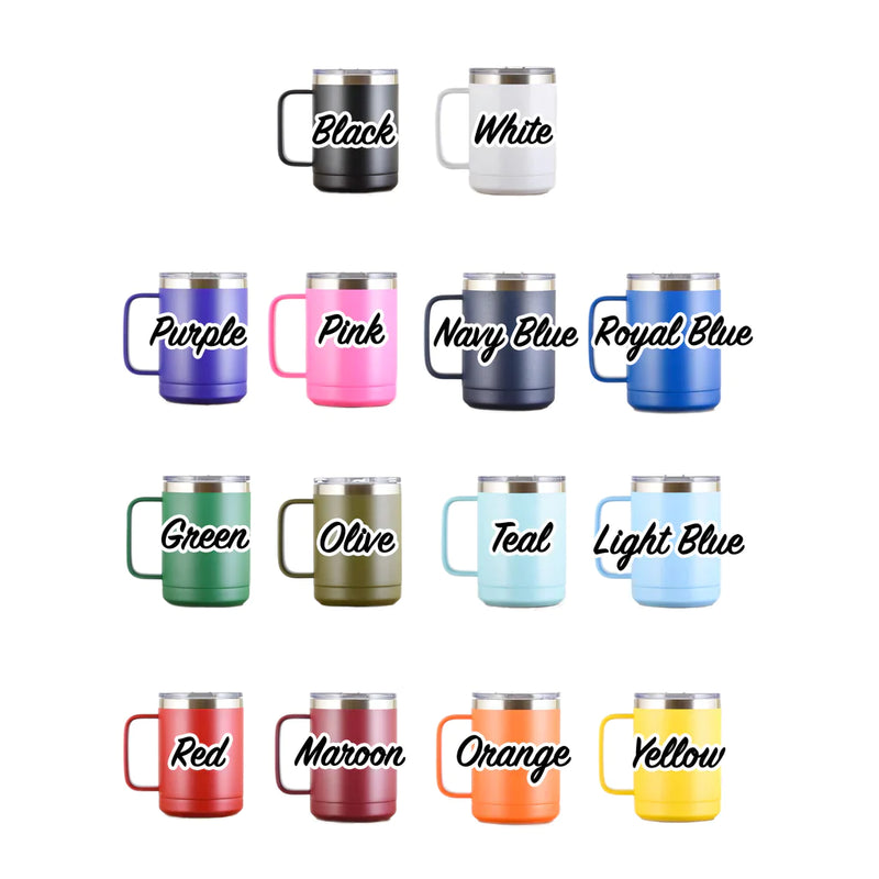 Twelve insulated travel mugs displayed in two rows showing color options: black, white, purple, pink, navy blue, royal blue, green, olive, teal, light blue, red, maroon, orange, and yellow, each labeled with color name.