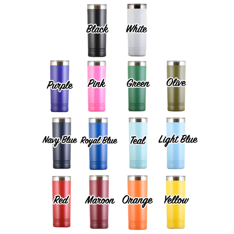 Tumbler color options displayed in grid layout: black, white, purple, pink, green, olive, navy blue, royal blue, teal, light blue, red, maroon, orange, and yellow with stainless steel lids