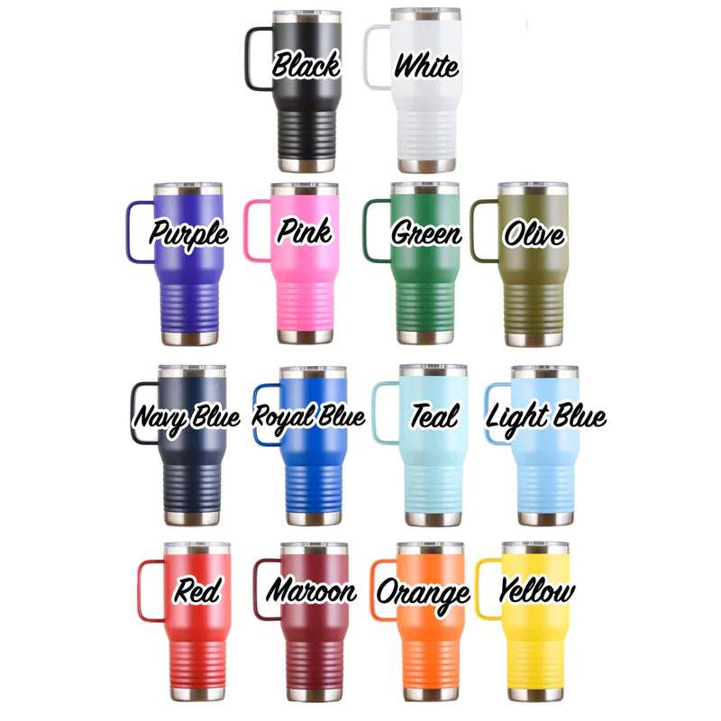 Color swatch display showing 16 available tumbler options: black, white, purple, pink, green, olive, navy blue, royal blue, teal, light blue, red, maroon, orange, and yellow.