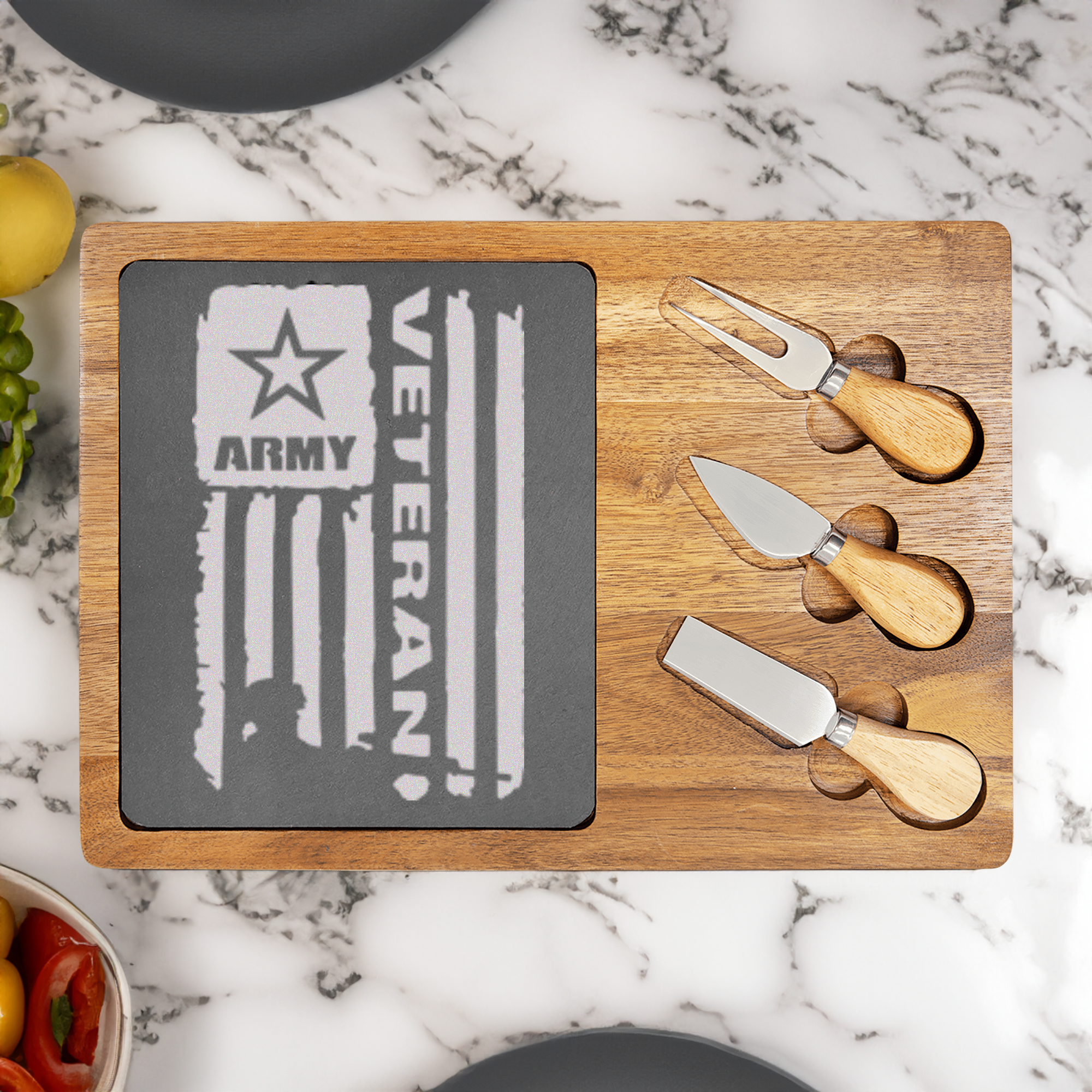 Army Veteran Flag Wood Slate Serving Tray