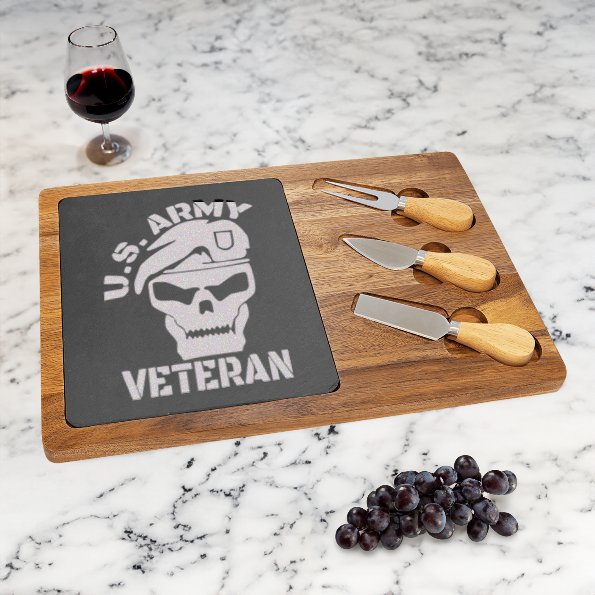 Army Veteran Skull Wood Slate Serving Tray