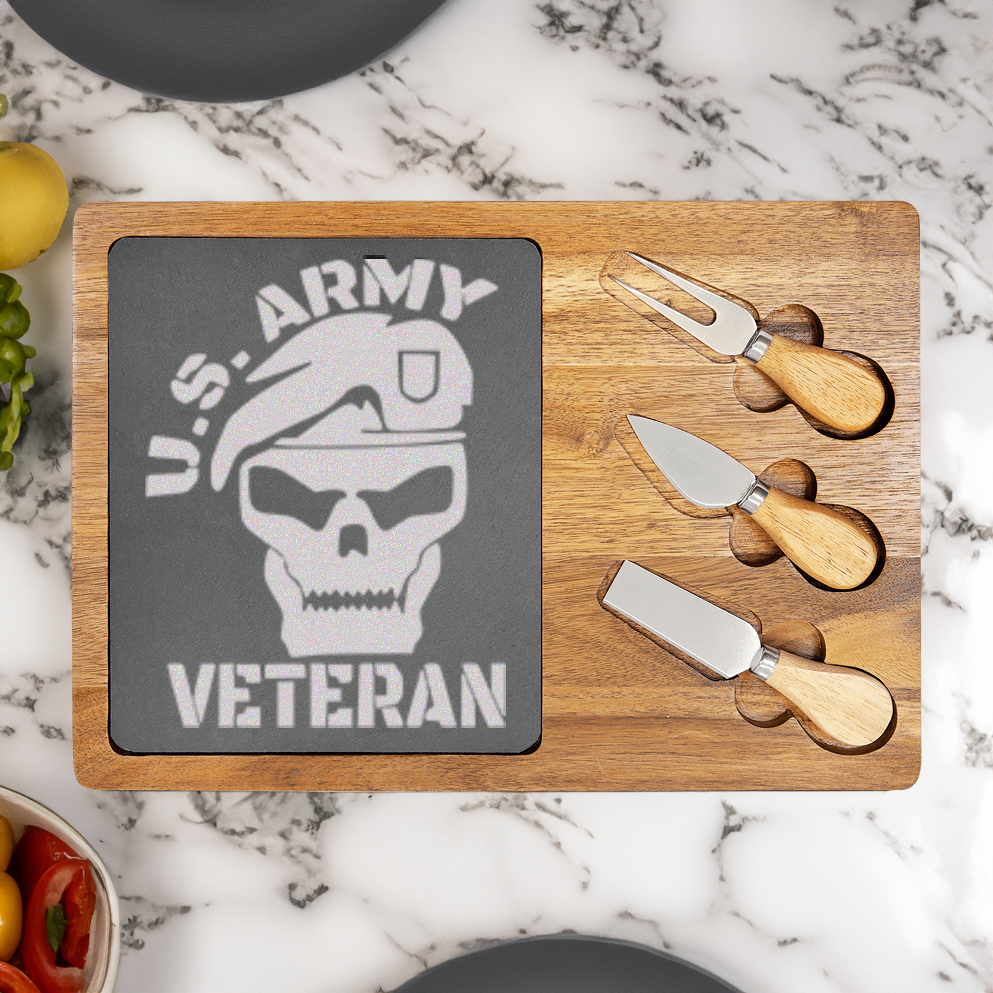 Army Veteran Skull Wood Slate Serving Tray