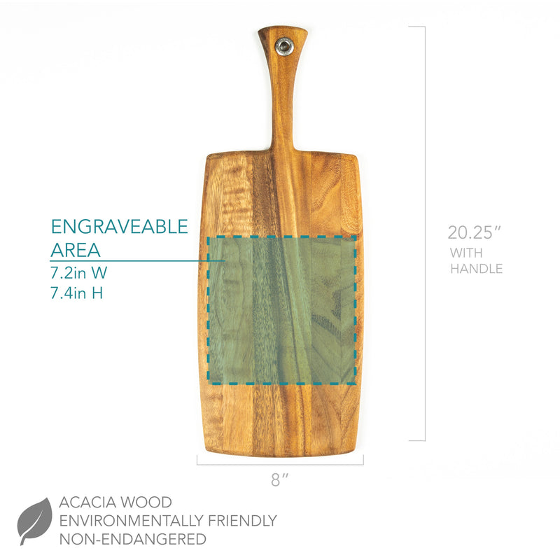 Customization preview showing engraving area marked with dashed lines on wooden charcuterie board with acacia wood handle, dimensions 20.25 inches with handle