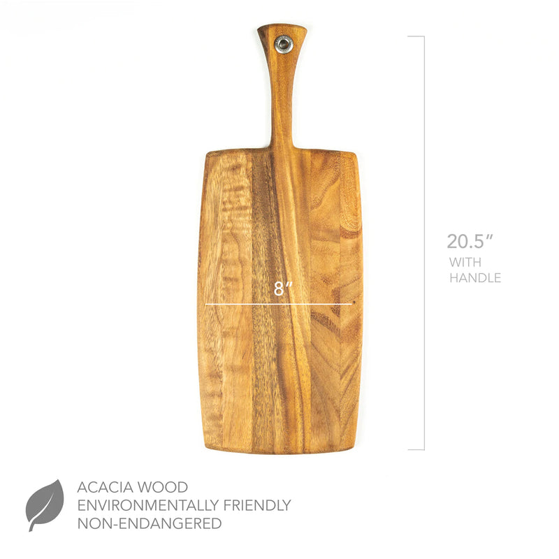 Acacia wood cutting board with handle, measuring 8 inches wide and 20.5 inches tall, shown with dimension lines and environmentally friendly material notation