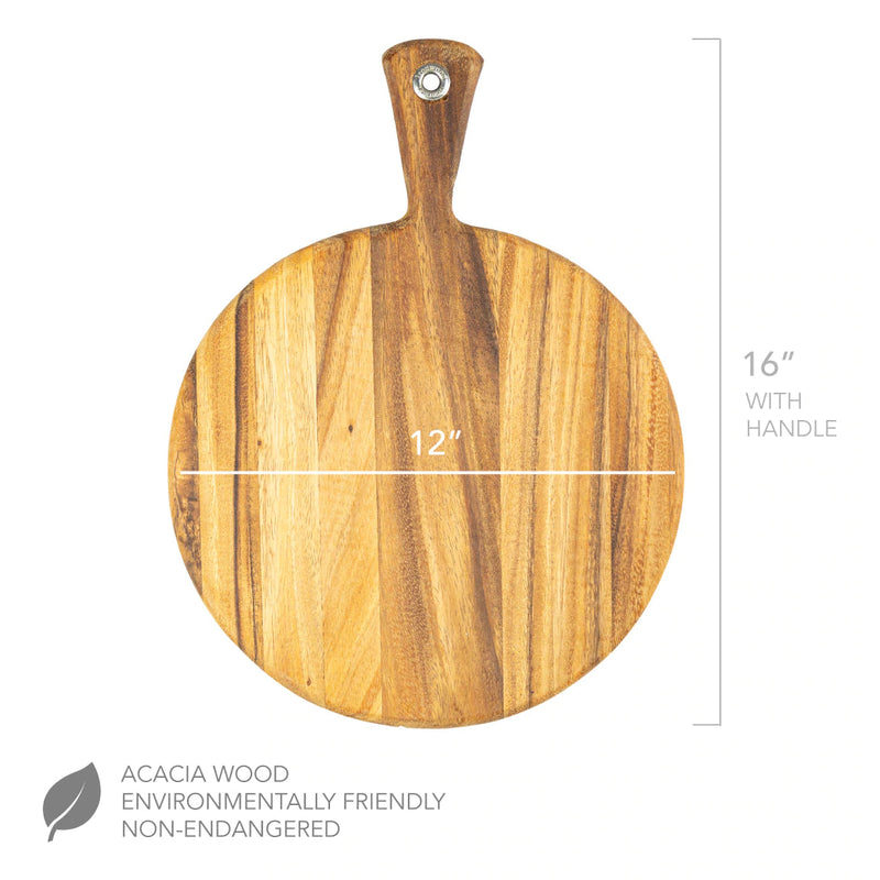 Round acacia wood charcuterie board with handle, showing 12-inch diameter and 16-inch total height with natural wood grain in golden and brown tones