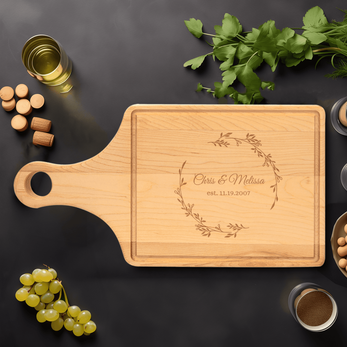 Anniversary Maple Paddle Cutting Board With Cherished Names Design