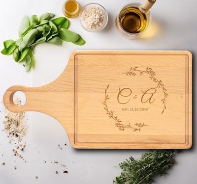 Anniversary Maple Paddle Cutting Board With Couples Chronicle Design