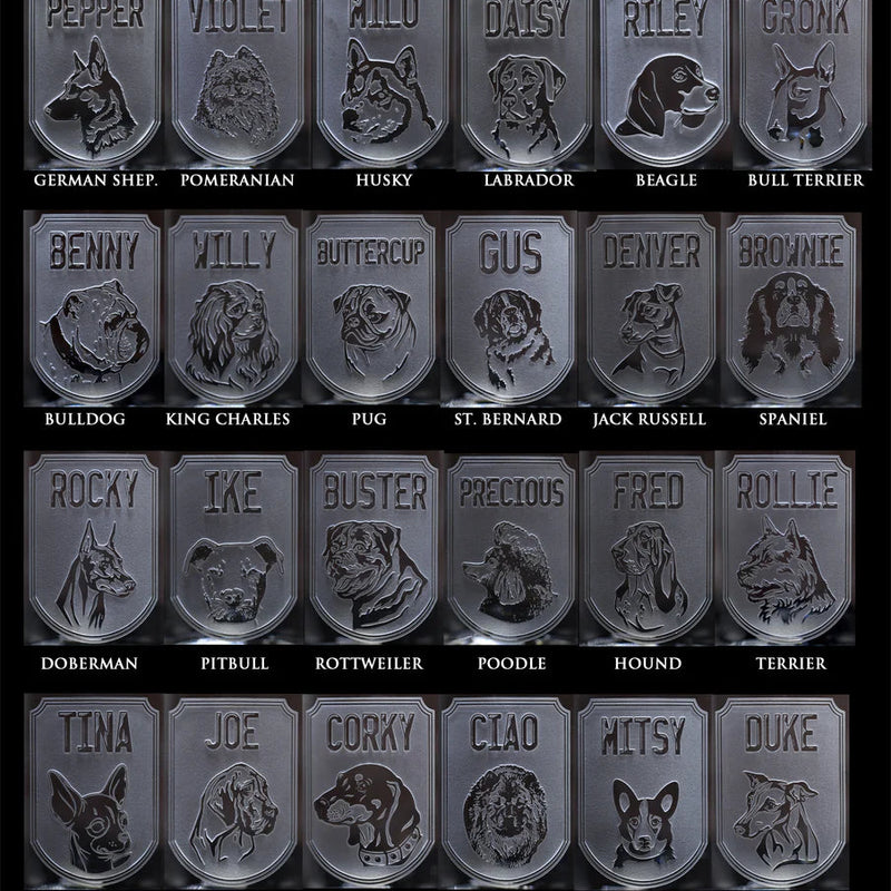 Grid display of 24 dog breed options with sample names laser-engraved on cobalt blue glass panels, including German Shepherd, Husky, Labrador, Bulldog, Pug, Doberman, Pitbull, and others.