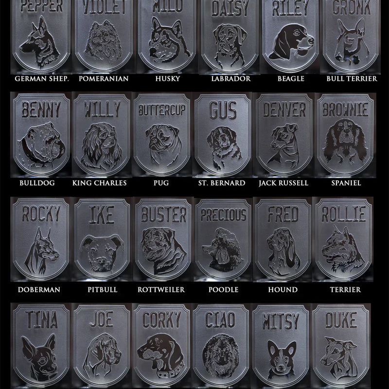 Grid displaying 24 laser-engraved dog breed options with sample names, including German Shepherd, Pomeranian, Husky, Labrador, Beagle, Bull Terrier, Bulldog, King Charles, Pug, St. Bernard, Jack Russell, Spaniel, Doberman, Pitbull, Rottweiler, Poodle, Hound, Terrier, Chihuahua, Great Dane, Dachshund, Chow Chow, Corgi, and Greyhound