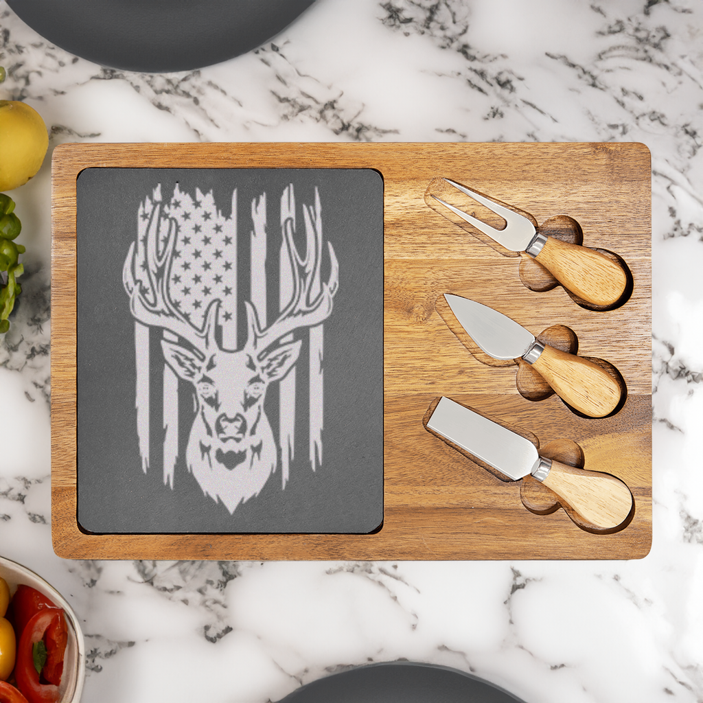 Deer Torn American Flag Wood Slate Serving Tray