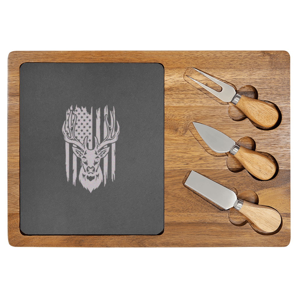 Deer Torn American Flag Wood Slate Serving Tray