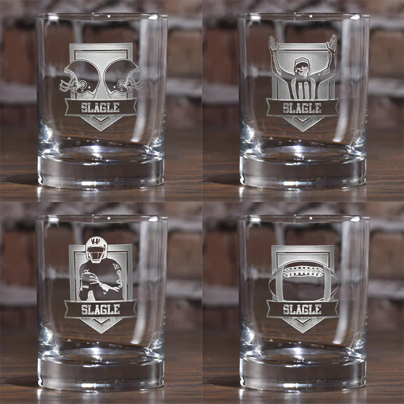 Four laser-engraved whiskey glasses featuring football-themed designs: helmets, referee, goalpost, and football, each with sample name "SLAGLE" on banner