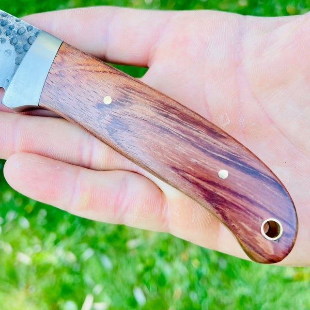 Hand holding fixed blade knife with purple-toned wood handle and stainless steel blade against blurred green background
