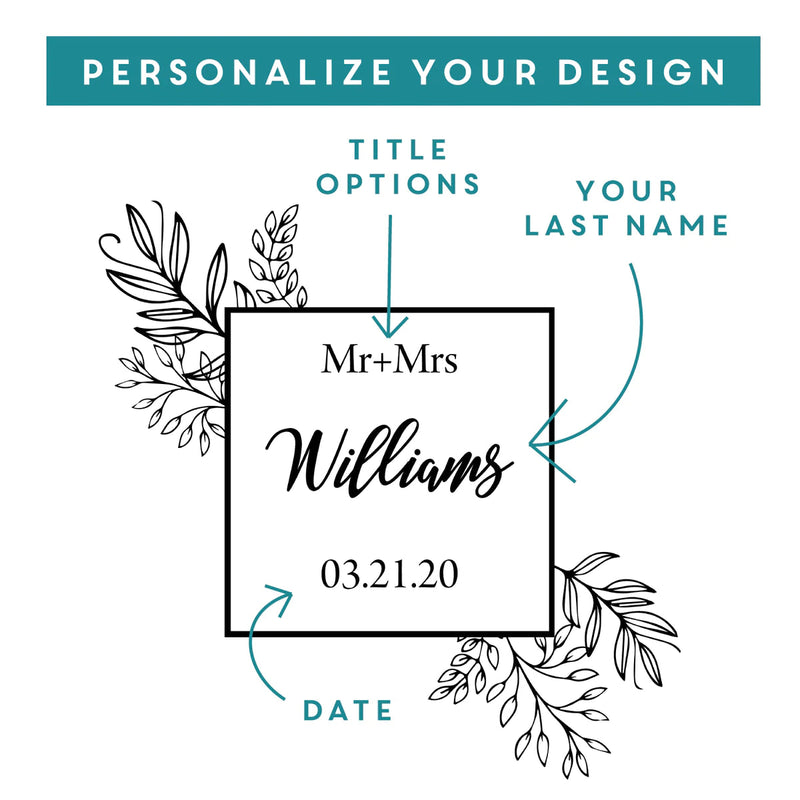 Customization preview showing sample engraving layout with "Mr+Mrs," sample last name "Williams," and sample date "03.21.20" on cheese board, with labeled fields for title options, name, and date