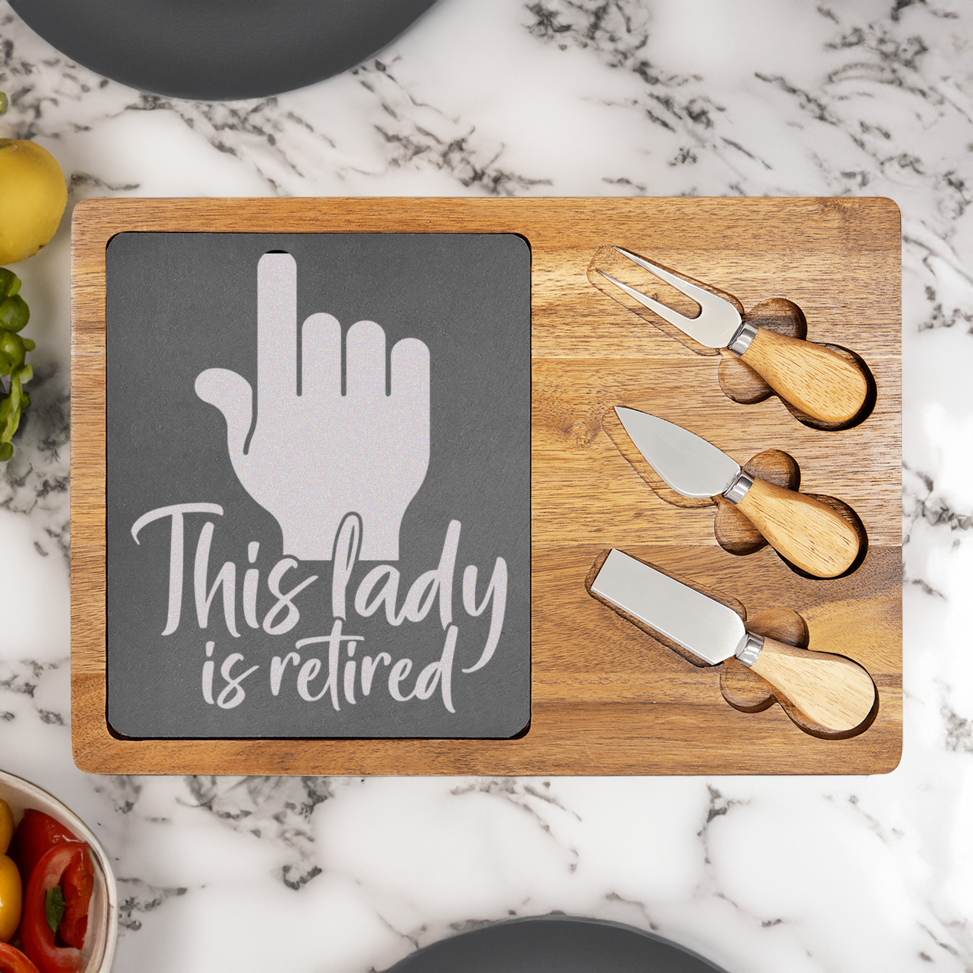 One Retired Lady Wood Slate Serving Tray