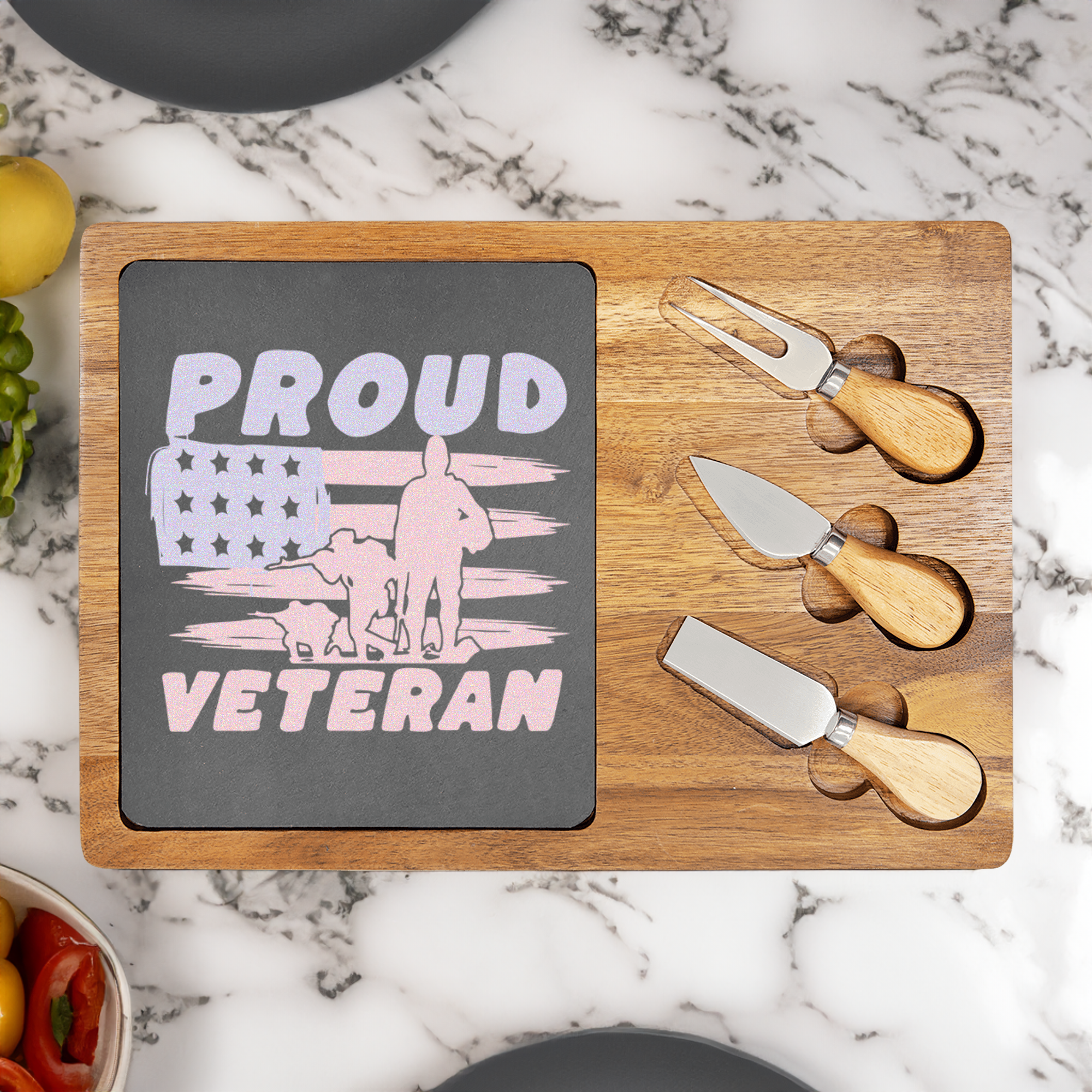 Proud Veteran Flag Wood Slate Serving Tray