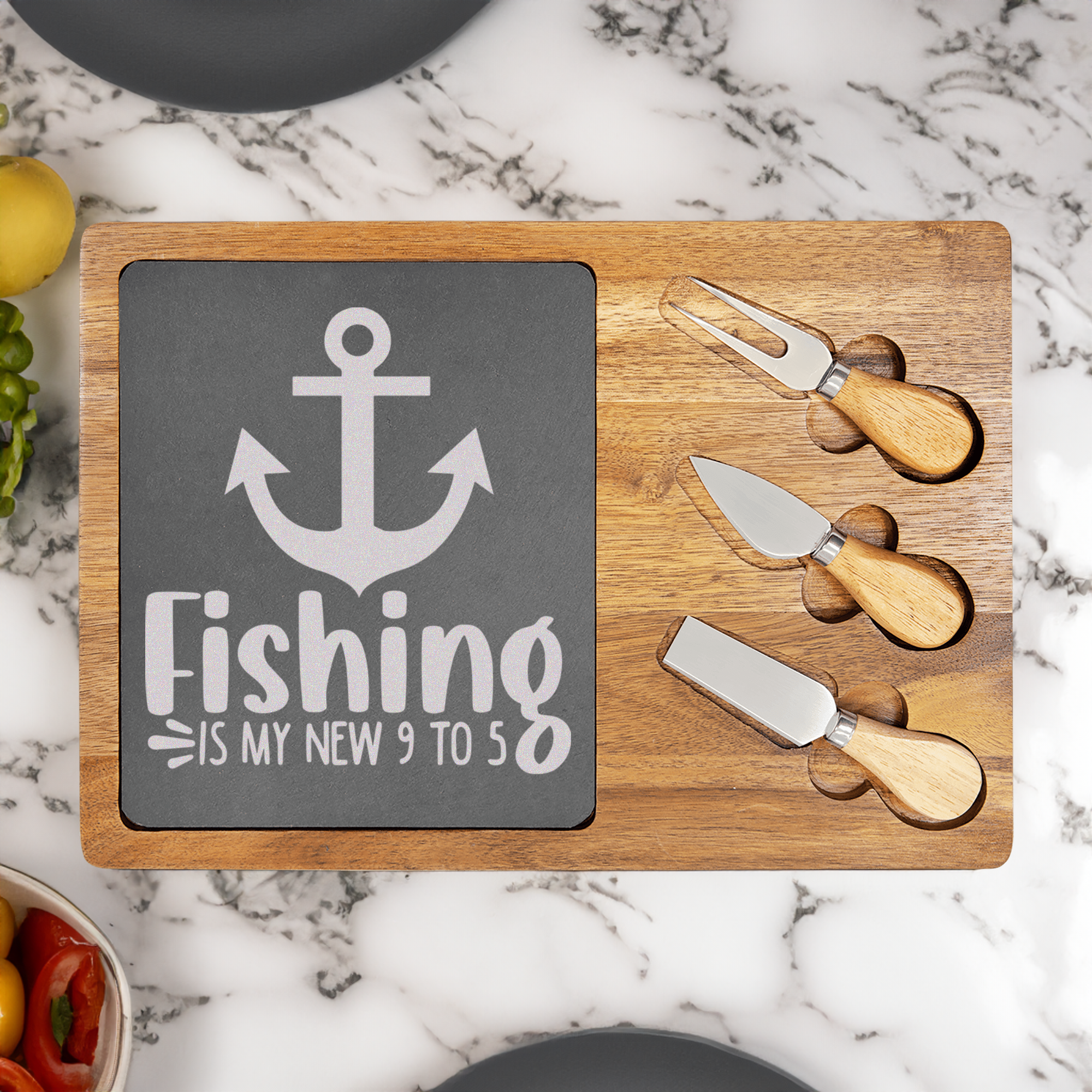 Retired And Gone Fishing Wood Slate Serving Tray