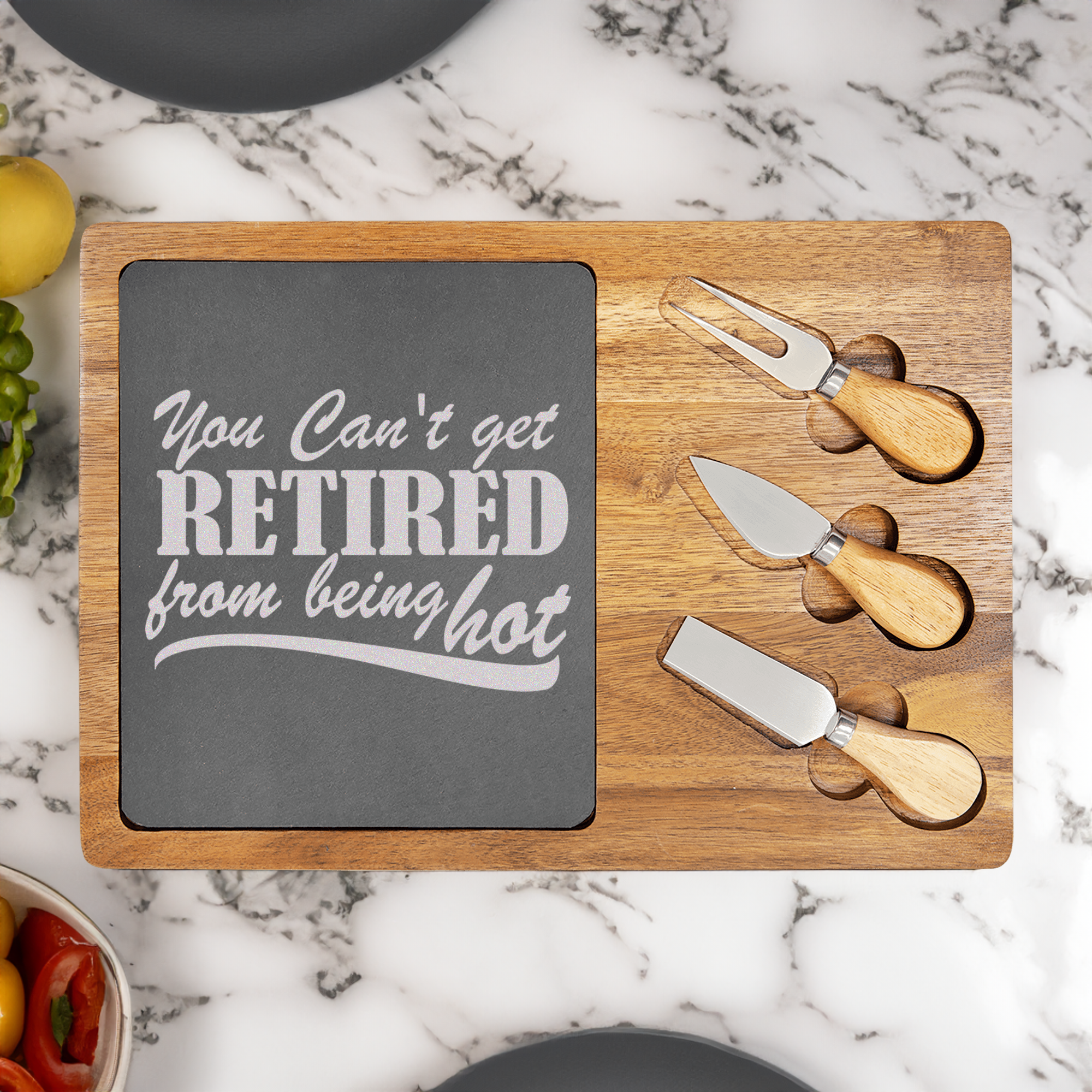 Retired But Still Hot Wood Slate Serving Tray