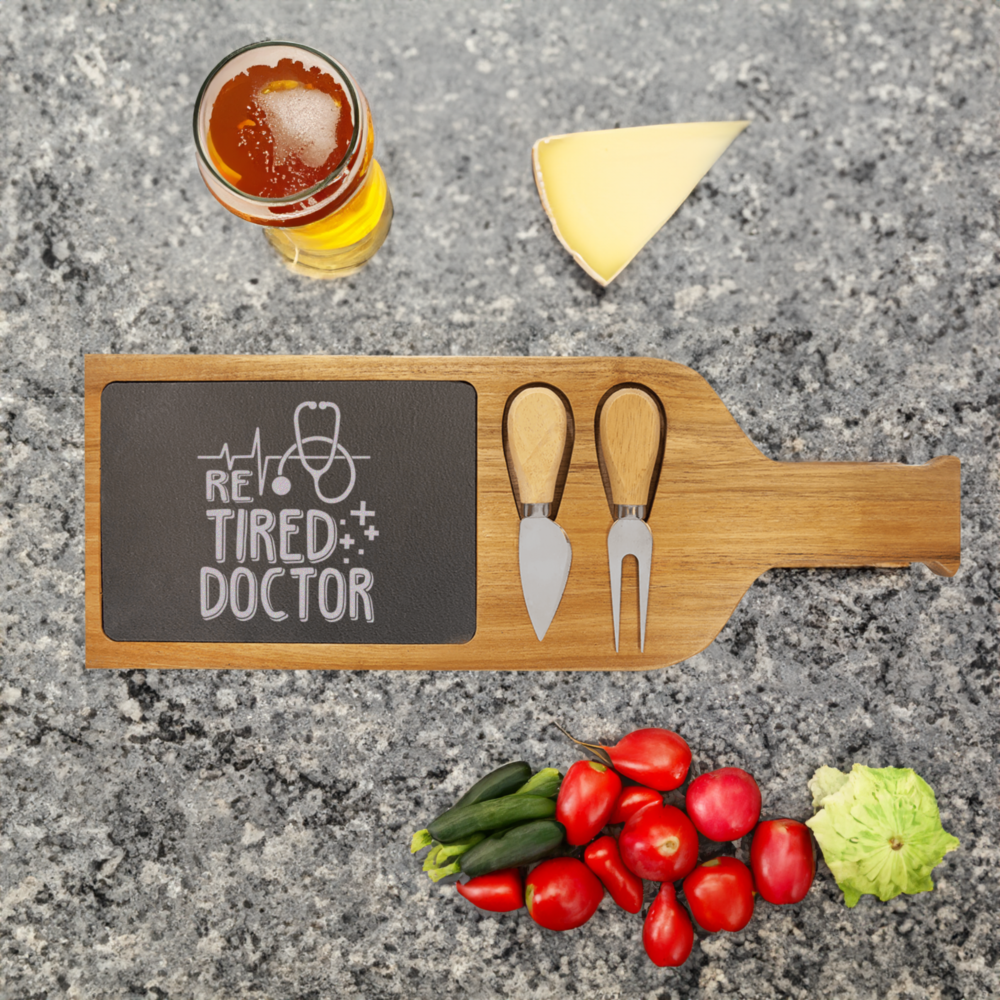 Retired Doctor Wood Slate Serving Tray With Handle