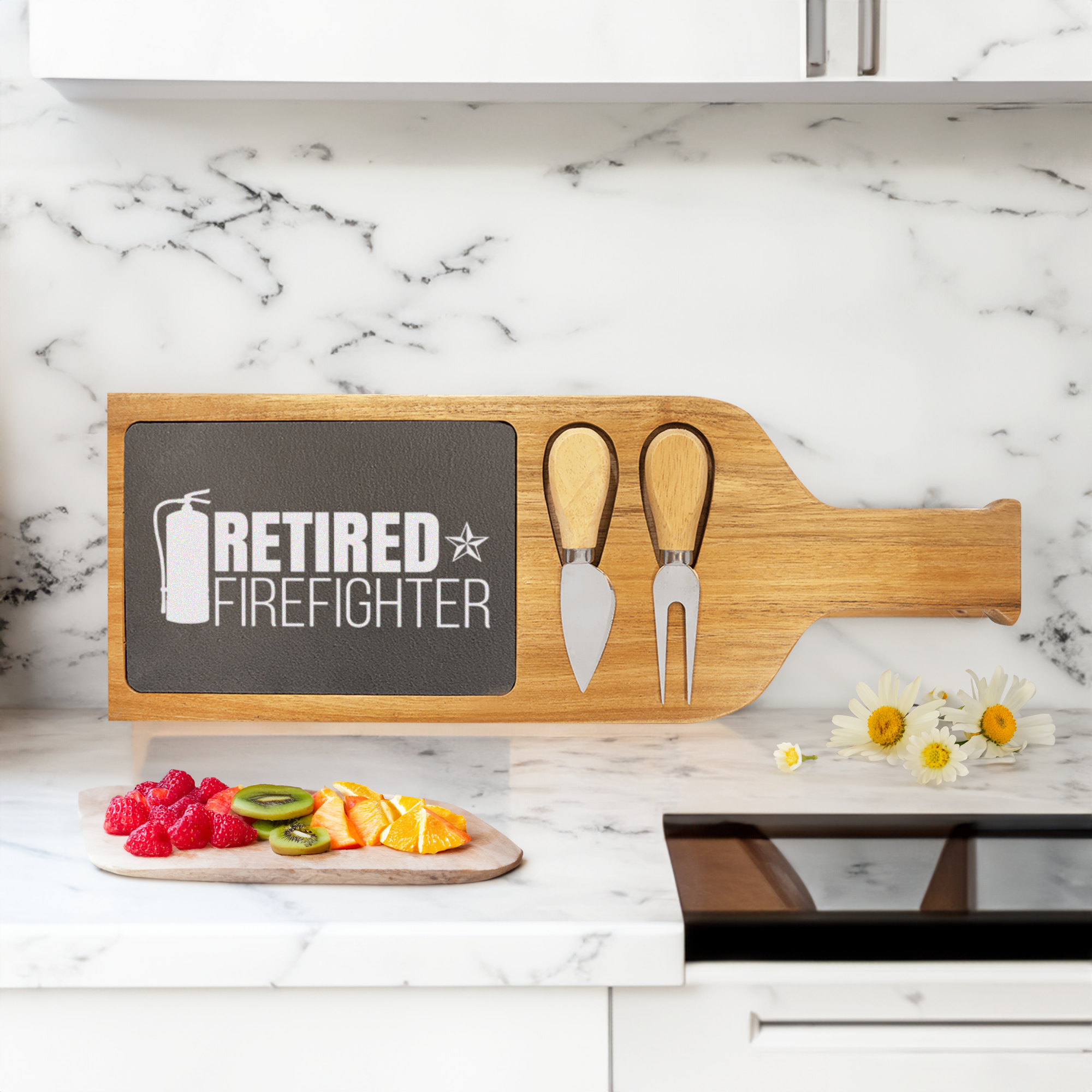 Retired Firefighter Wood Slate Serving Tray With Handle