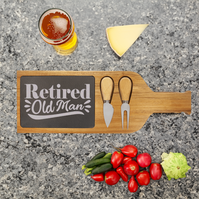 Retired Old Man Wood Slate Serving Tray With Handle