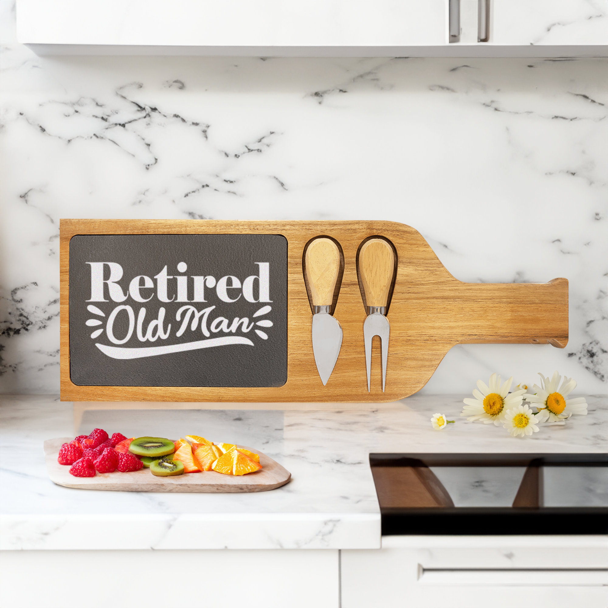 Retired Old Man Wood Slate Serving Tray With Handle