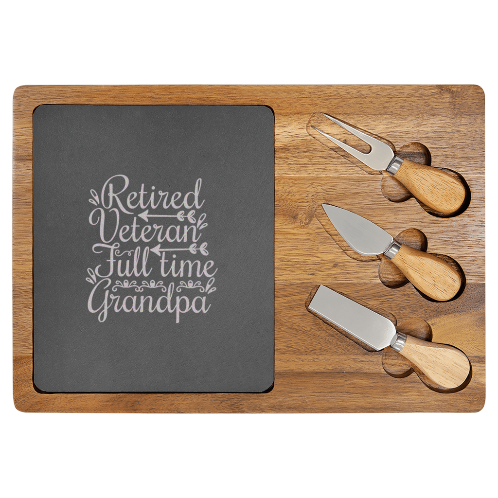 Retired Veteran Full Time Grandpa Wood Slate Serving Tray