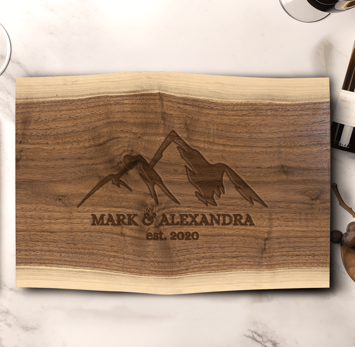Anniversary Walnut Cutting Board With Romantic Rondezvous Design