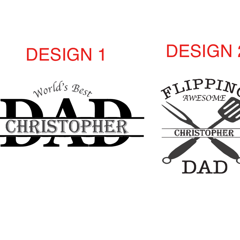 Two design options for personalized DAD bamboo cutting boards, showing sample name "Christopher" integrated into each design layout
