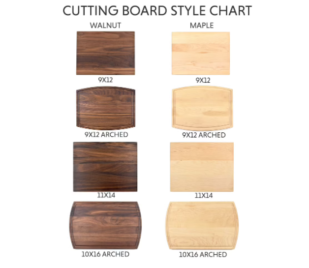Cutting board style chart showing four designs in walnut and maple wood: 9x12 rectangular, 9x12 arched, 11x14 rectangular, and 10x16 arched with rounded edges